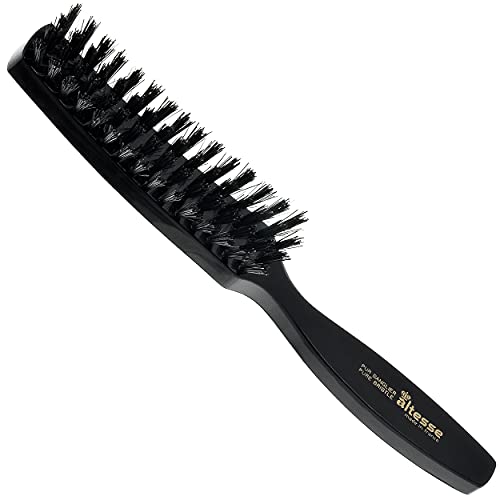 Altesse 2454 - Cepillo de pelo de cerdas naturales estrechas con 4 filas de cerdas de jabalí, mango negro plano grande, cepillo de cerdas rígidas para hombres y mujeres, fabricado en Francia