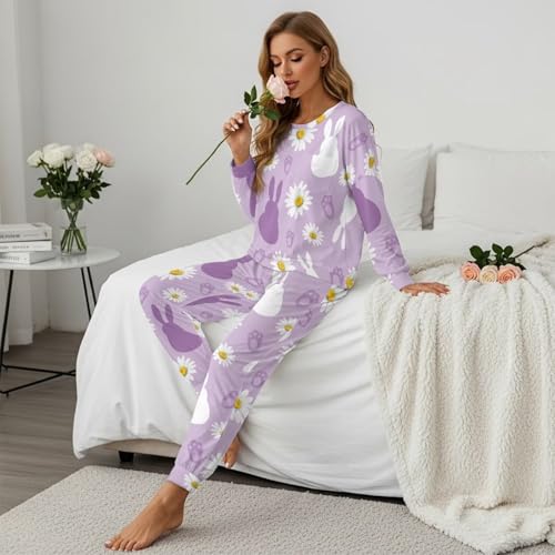 Image of Womens Lounge Set Long Sleeve Soft Pajama Sets Casual 2 Piece Pj Outfit Crewneck Sleepwear with Pockets Plus Size