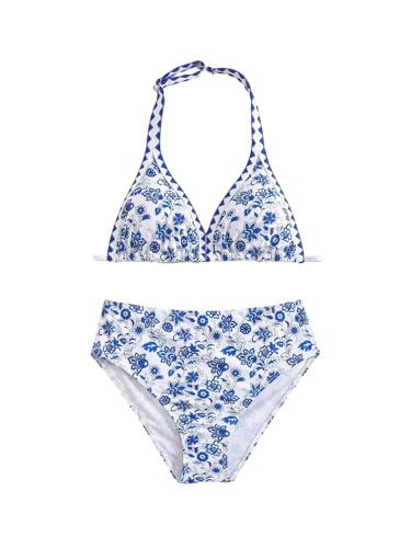 Image of BEAUDRM Girl's 2 Piece Floral Print Swimsuits Halter Triangle Bikini Boho High Waisted Bathing Suit