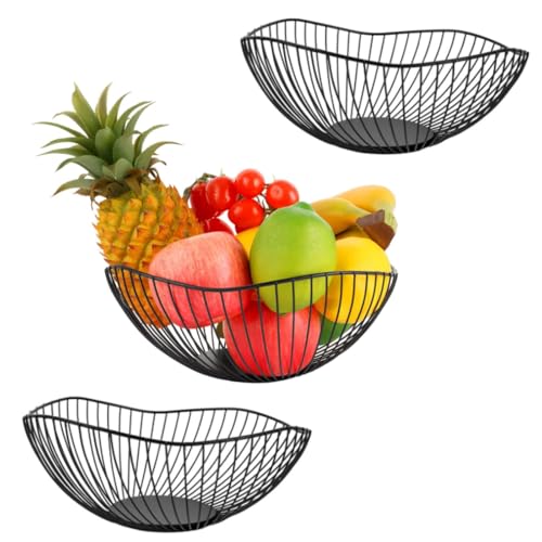 LOPYXBR 3 Stück Obstschale Schwarz, 25,5x8cm Obstschalen Metall, Obstschale Modern, Fruit Bowl Basket, Obstkorb mit Wellenform-Design für Obst, Gemüse, Kleinigkeiten, Dekoration
