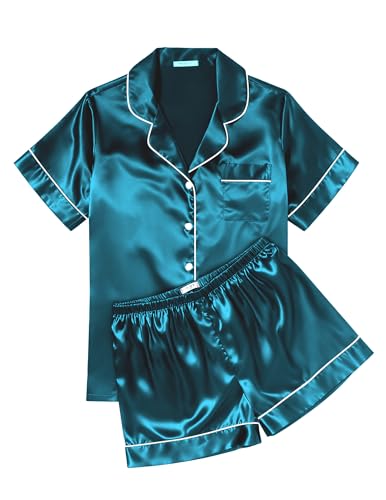 Image of Ekouaer Womens Silk Satin Pajama Sets Soft Short Sleeve Button Down Sleepwear Top and Shorts 2 Piece Pjs Lounge Set