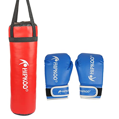 Image of Hipkoo Sports Boxing Combo Set | 1 Unfilled Punching Bag (3 ft) and 2 Boxing Gloves | Ideal for Men & Women for Boxing Training Gloves & Bag, MMA, Kickboxing and Sparring (Red & Blue)