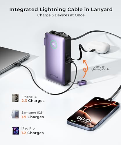 Image of JOYFAR Portable Charger Power Bank - Battery Pack 35W AC Plug GaN 10000mAh Built in Cable USB C Phone Fast Charging Powerbank Compatible with iPhone 16 15 14 13 12 11 X iPad MacBook Samsung (Purple)