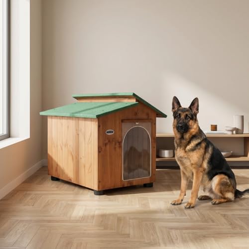 Cuccia in Legno Modello Pastore – Pino di Svezia 15 mm, Tetto Coibentato, Piedini Rialzati, Tendina Termica in Omaggio, Ideale per Cani di Taglia Media/Grande