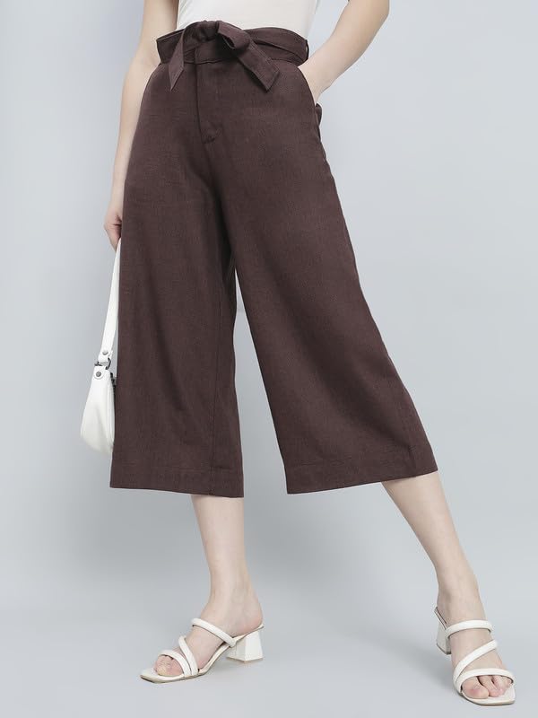 Image of GO COLORS Solid Linen Culottes for Women | High Rise, Side Pockets, Front tie-up