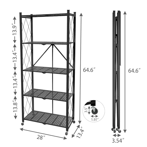 Image of 5 Tier Folding Shelf with Wheels,Metal Steel Collapsible Shelves | No Assembly Portable Shelves Organizer Rack,Rolling Standing Utility Rack for Kitchen, Pantry, Office, Black