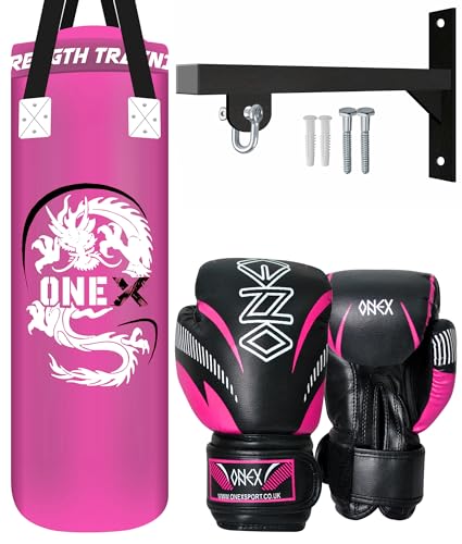 Punch Bag 3FT Heavy Duty Filled Boxing Bag Set Hanging Wall Bracket Punching Gloves MMA Kickboxing Training Muay Thai Karate BJJ Home Gym Fitness Equipment (Pink)