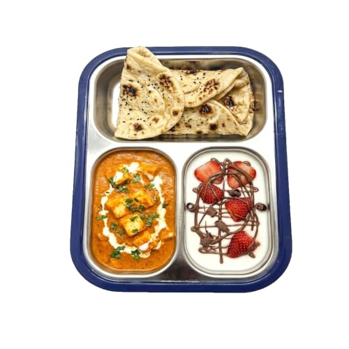 Image of Premium Stainless Steel Three Compartment Lunch Box (8.75 inch x 6.75 inch) - Durable Three Partition Leak Proof Tiffin Box for Food Grade Container with 6-Side Lock Unbreakable Lid (400g)