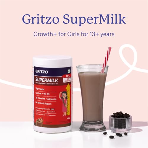 Image of Gritzo SuperMilk Growth+ (13+y Girls), 13g Protein Powder (Cafe Mocha, 400g) | Zero Refined Sugar, 20 Vitamins & Minerals