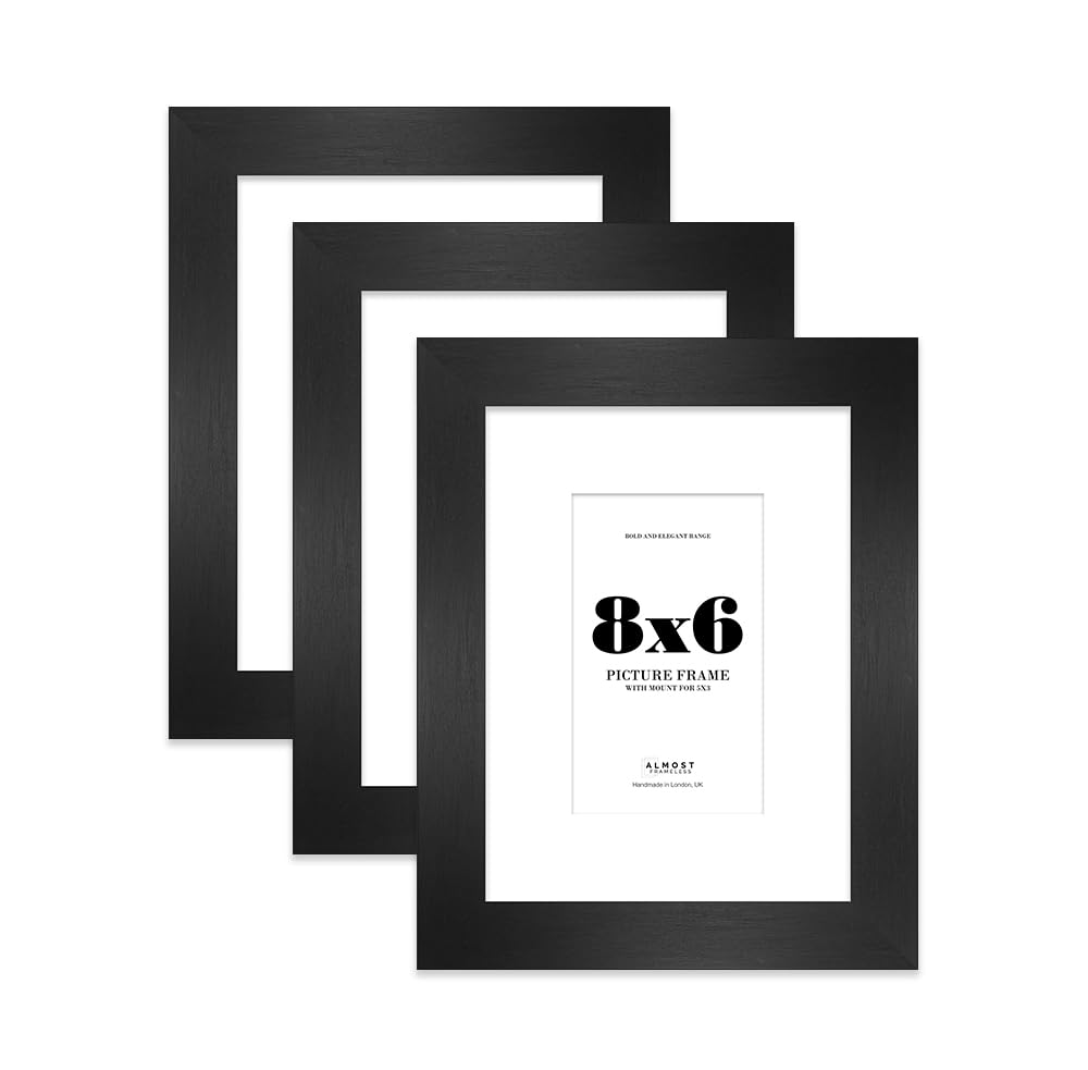 8x6 Black Frame With Mount for 5x3 Pictures 28mm Edge Portrait and Landscape Display with Wall Hooks and Kickstand, 3 Pack