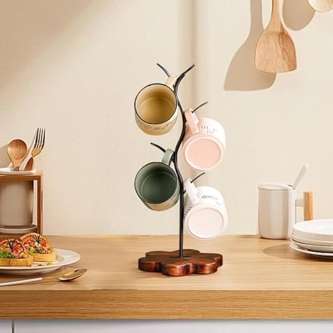 Coffee Mug Holder, Mug Tree for Counter, Leaf Shaped with Wooden Base, Mug Rack Countertop, Coffee Counter Bar Accessory & Kitchen Organizer