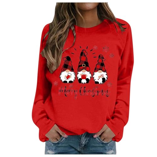 2026 Sudadera casual de manga larga con cuello redondo y estampado navideño para mujer, rojo, XL
