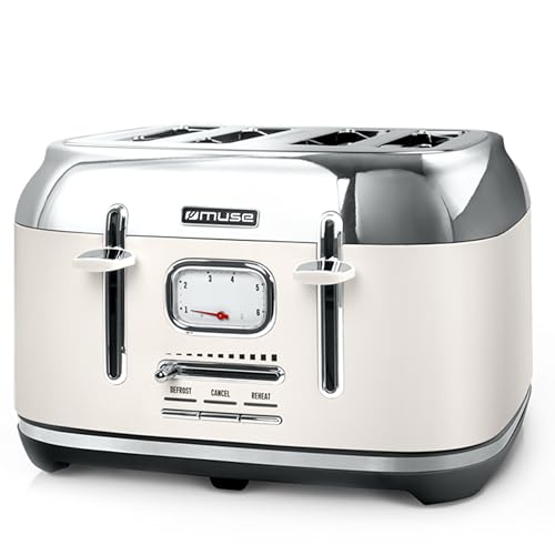 Muse Edelstahl-Toaster im weißen Retro Design, analoge Anzeige, beleuchtete Tasten, 6 Bräunungsstufen, 4 Scheiben, MS-131 SC, Vintage Look in beige, mit Krümelschublade