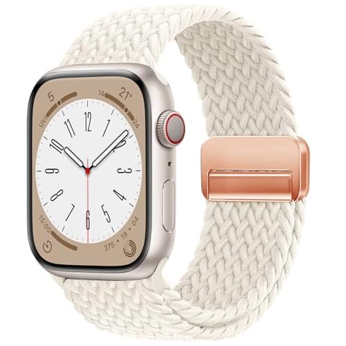 Magnetic Braided Loop Band Compatible with Apple Watch Series 11 10 46mm 9 8 7 6 5 4 3 42mm 44mm 45mm 49mm for Women Men, Stretchy Nylon Elastic Sport Strap for iWatch SE/Ultra 1/2/3 Starlig
