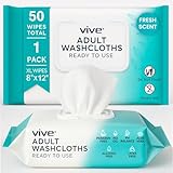 Vive Disposable Washcloths for Adults & Elderly (1 Pack - 50 Count - 8"x12") – Incontinence Wipes for Men & Women – Hypoallergenic No Rinse Adult Body Wipes for Sensitive Skin – Fresh Scent
