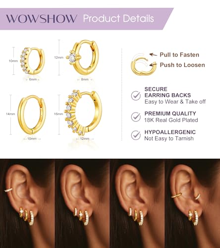Wowshow Gold Earrings for Women Hoop Earring Stacks Set for Multiple Piercing 18K Gold Plated Huggie Hoops Everyday Jewelry Gifts for Mother Birthday Lightweight4