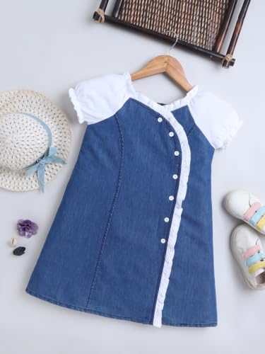 Image of Dresses for Kids Girls, Stylish Knee Length Once Piece Denim Frocks for Girls, Casual Dress for Summer & Special Occasion