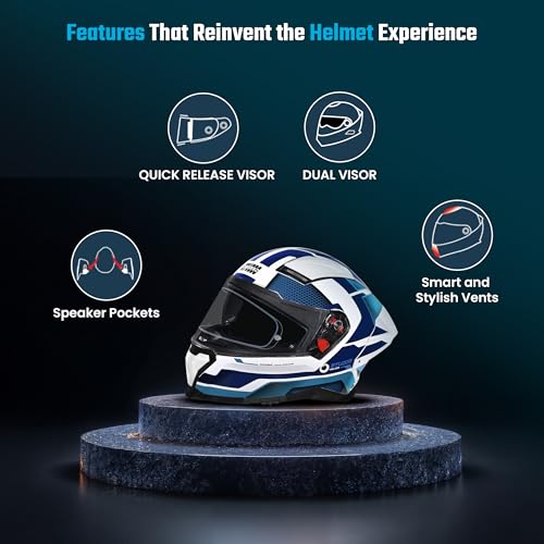 Image of STUDDS Helios Asphalt Full Face ISI and DOT Certified Helmet with Dual Visor White & Blue - XL