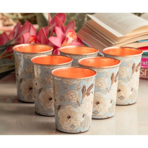 Image of INDIAN ART VILLA Copper Gold Print Design Glass, 275 ML, Copper Ayurvedic Drinkware for Daily Water Drinking, Elegant Floral Printed Tumbler for Home, Office, Kitchen & Gifting, Set of 6