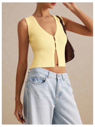 Image of GORGLITTER Women's Knit Top V Neck Sleeveless Button Up Sweater Vest Fall | Cute Summer Tops, Lightweight, Button Down, Business Casual, Work Office Shirts, Fashion Clothing