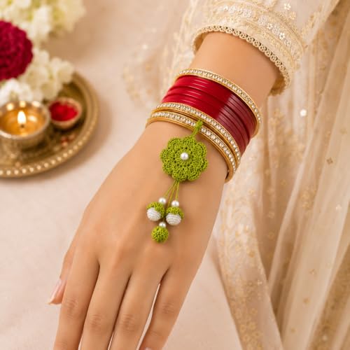 Image of Handmade Crochet Green Flower Rakhi for Brother | Premium Cotton Thread Floral Designer Rakhi with Pearl Beads | Soft Skin-Friendly Lightweight Raksha Bandhan | Traditional Handcrafted Gift