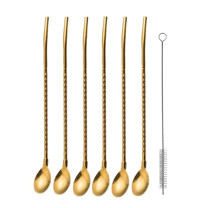 DAIZY DAZZLE 6-Piece Reusable Stainless Steel Straw Spoon Combo (8.6" Gold) with Cleaning Brush | Metal Straws for Milkshakes, Smoothies, Iced Tea, Cocktails | Eco-Friendly Party & Home Use-image-23