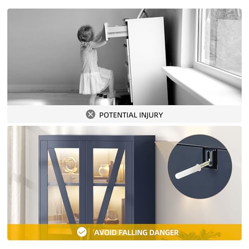 DWVO Display Cabinet with LED Lights, 61" Metal Display Case with Glass Barn Doors for Collectibles, Organizer Cabinet with 3 Adjustable Shelves and Drawer for Living Bedroom, Office, Navy Blue