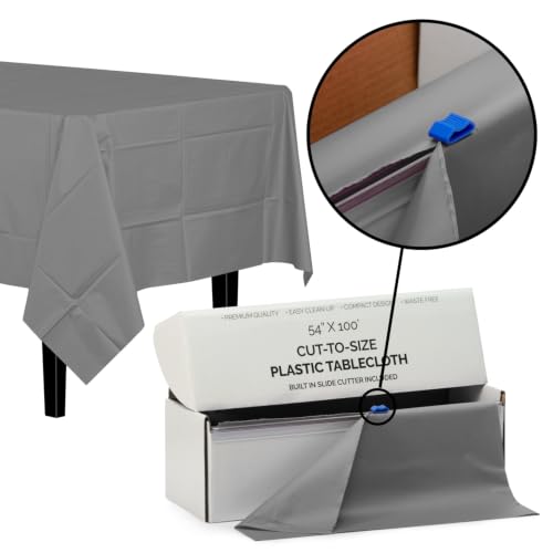 Image of Exquisite Party Solids 54 Inch X 100 Feet Silver Plastic Table Cover Roll in A Cut - to - Size Box with Convenient Slide Cutter. Cuts Up to 12 Rectangle 8 Feet Plastic Disposable Tablecloths