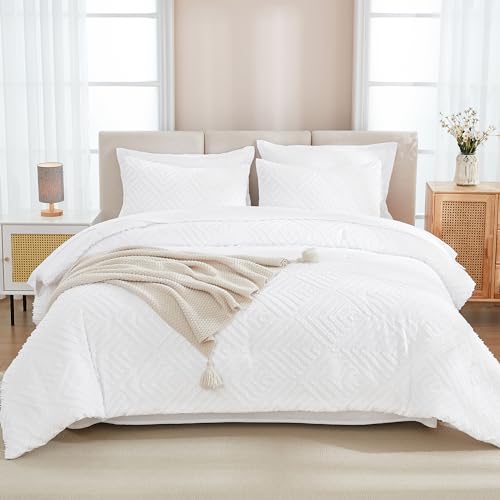 Image of Andency Oversized Queen Size Comforter Set with Sheets White - 7 Pieces Bed in a Bag Oversized Queen Boho Tufted Lightweight Bedding Sets with Comforter, Sheets, Pillowcases & Shams