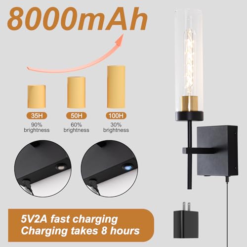 Image of Wall Sconces,Battery Operated Wall Sconce 8000mAh Black Fast Chargin Endurance 100 Hours Infinitely Dimmable 2 Color Bulbs 3000K /6000K with Remote Control Wireless Wall Lights for Bedroom Living