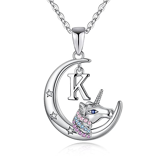 Hidepoo Unicorn Gifts Necklace for Girls, 14K White Gold Plated Letter Moon Pendant Unicorn Necklace Unicorn Gifts for Girls Teen Toddler Necklace Kids Jewelry Unicorns Gifts for Girls Jewelry(K)
