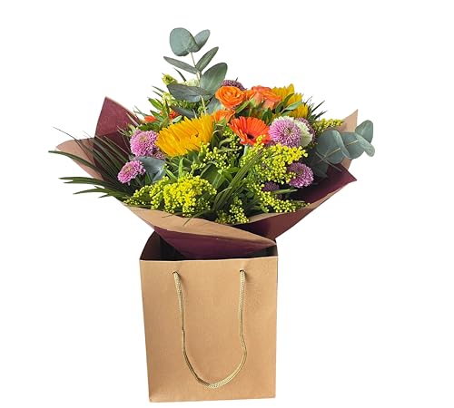 Sunset Dreams Bouquet Fresh Flowers Arrangement with Sunflowers, Gerbra, Roses, Solidago, in Kraft Bag Vase for Gifting Birthday, Mum, Anniversary or Celebrations, any Occasion