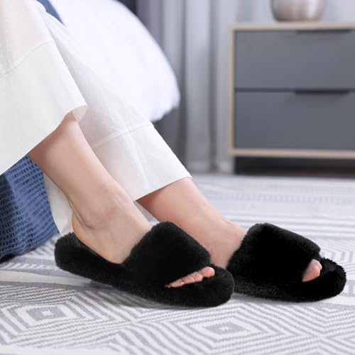 Women’s Fluffy Faux Fur Slippers, Open Toe House Slides, Comfy Fuzzy Indoor Bedroom Shoes2