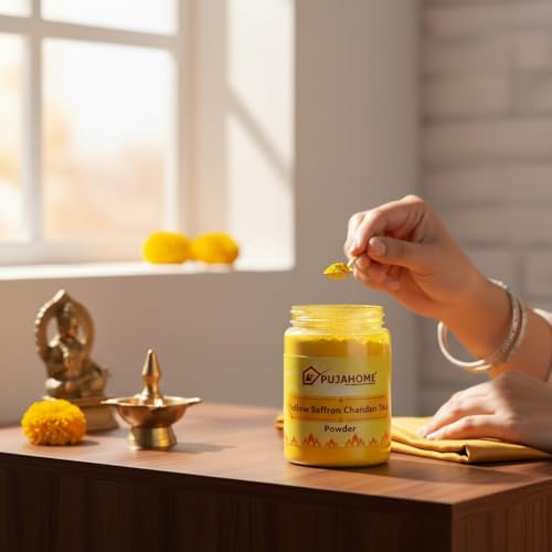 Image of Yellow Saffron Chandan Tika Powder - 100 Gram | Safe for Skin | Long-Lasting Fragrance | Ideal for Daily Pooja, Tilak Religious, Hawan Spiritual & Traditional Use