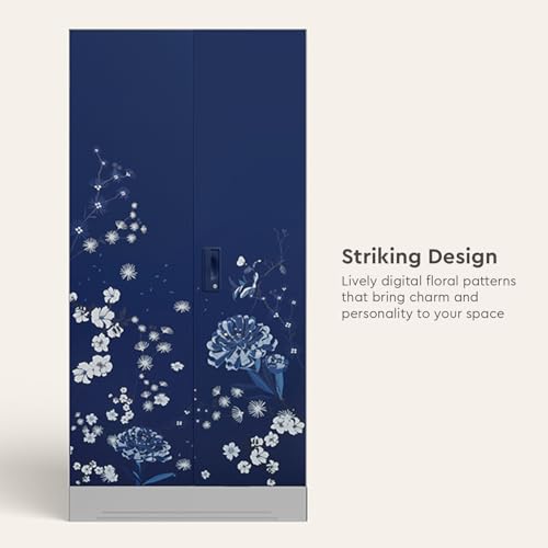 Image of Interio by Godrej Wardrobe Slimline 2 Door Steel Almirah (Digital Printed Midnight Blue and Royal Ivory) Wardrobe for Clothes, 1 Year Warranty, Locker, Drawer, 4 Shelves