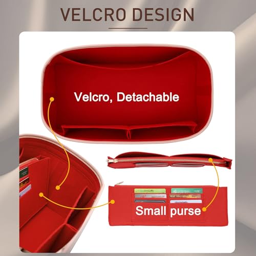 Image of Doxo Purse Organizer Insert & Base Shaper 2pc Set, Felt Handbag Bag Fit LV Speedy & Neverfull More (L-Red)