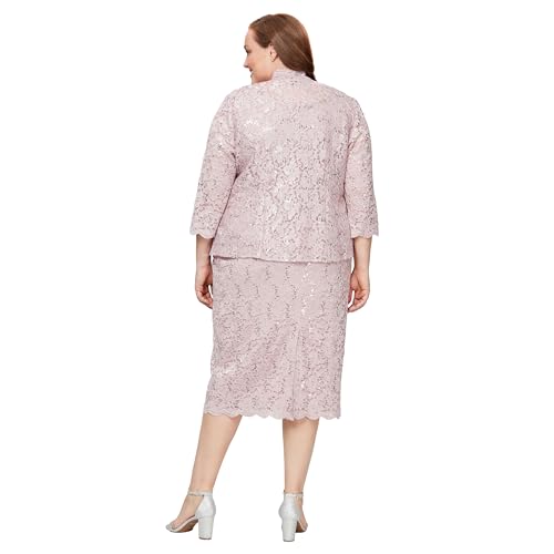 Image of S.L. Fashions Women's Tea Length Sequin Lace Mother of The Bride Dress with Illusion Sleeve Jacket