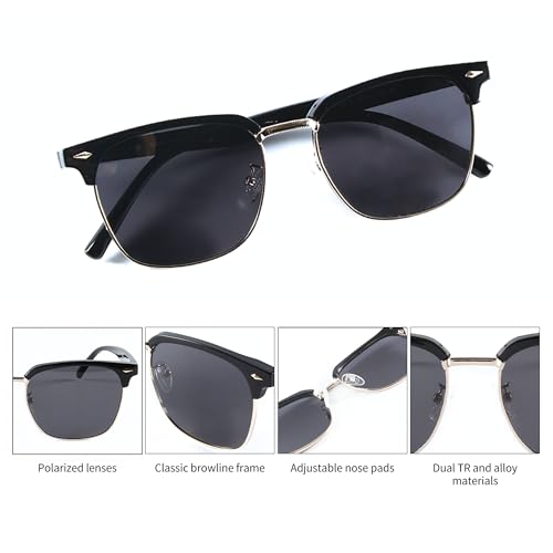 Classic Retro Browline Premium Polarized Sunglasses for Men and Women - Black Polarized Lens with Black Frame and Gold Trim with Premium Travel Case - UV Protection4