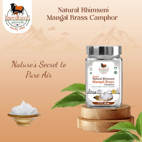Image of KG Natural Bhimseni Mangal Brass Camphor | 100% Pure Organic Solid Kapoor | First Lab Tested | for Electric Diffuser, Havan, Aarti & Aromatherapy | Premium Glass Jar with Steel Cap (125g, Pack of 1