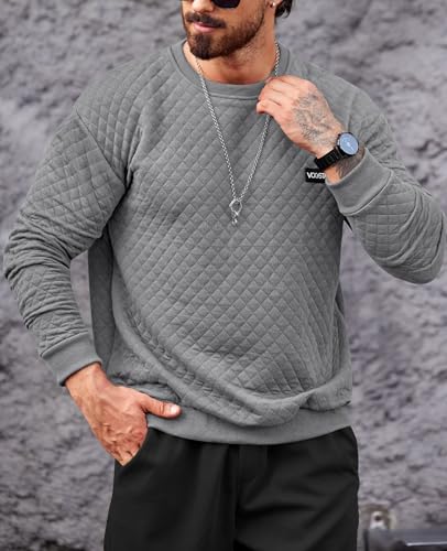 Mens Crewneck Sweatshirt Quilted Geometric Texture Long Sleeve Casual Soild Color Pullover (S-XXL)3