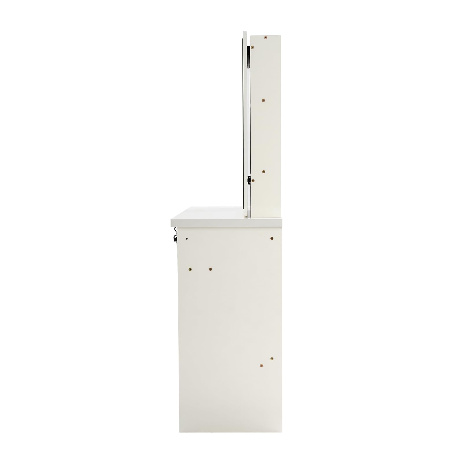 Tocador con espejo, tocador independiente, 80 × 35 × 128 cm, mesa cosmética con silla, 5 cajones y 3 estantes ocultos, con cerradura, juego de vanidad para dormitorio (blanco)