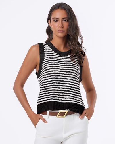 Tanou Sweater Vest for Women Casual Sleeveless Crew Neck Tie Crochet Color Block Vest Summer Knitted Tank Tops2