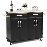 Giantex Kitchen Island Cart, Rolling Trolley Cart Utility Cabinet w/Rubber Wood Top, Large Storage...