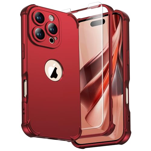 Image of ORETECH for iPhone 16 Pro Max Case with 2 x Screen Protector,Red | 3-in-1 Full Body Shockproof Design Smooth Texture,15FT Military Grade, Camera Lens Shield, with Armor Front Frame Protection