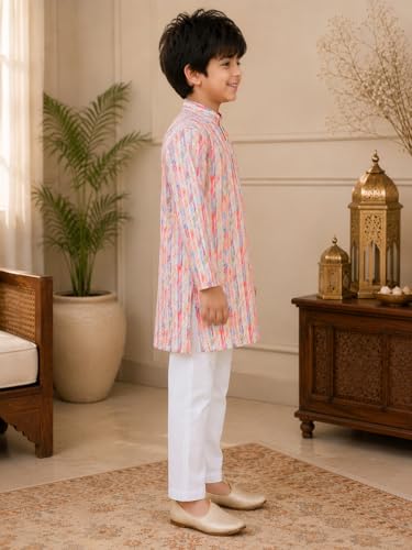 Image of superminis Boys Cotton Golden Embroidery Printed Full Sleeves Kurta with Pyjama Ethnic Wear Set