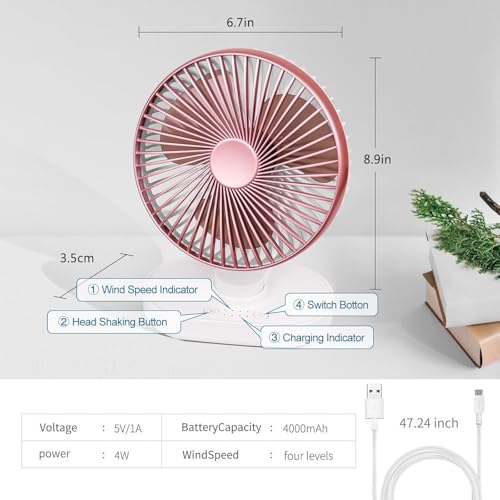 Image of TEKCOOL 4000mAh Rechargeable Desk Fan, Portable Table Fan,USB Fan, USB Battery Powered Quiet Personal Fan,4 Speed for Home Office Travel Outdoor(Rose)