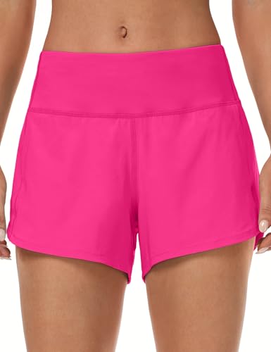 HeyNuts Focus Running Shorts for Women, Mid Waisted Athletic Shorts with Liner Workout Shorts with Zipper Pocket 4'' Dazzling Pink XS(0/2)