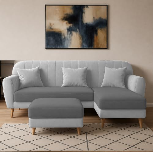Image of Atticus RHS 4 Seater L Shape Sofa Set with Ottoman for Living Room (Dark Grey & Grey Fabric) Premium Fabric Sofa Set