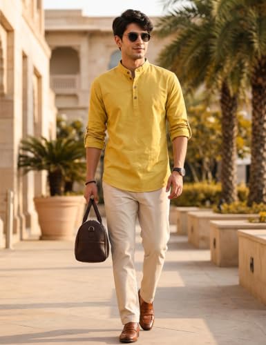 Image of Fifth U Men's Cotton Polyester Blend Solid Mandarin Collar Self Design Full Sleeve Casual Short Kurta