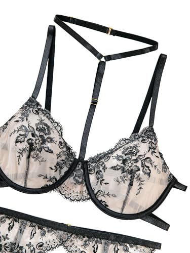 Image of Lilosy Sexy Choker Floral Lace Scallop Sheer Underwire Push Up Garter Belt Lingerie Set 3 Piece